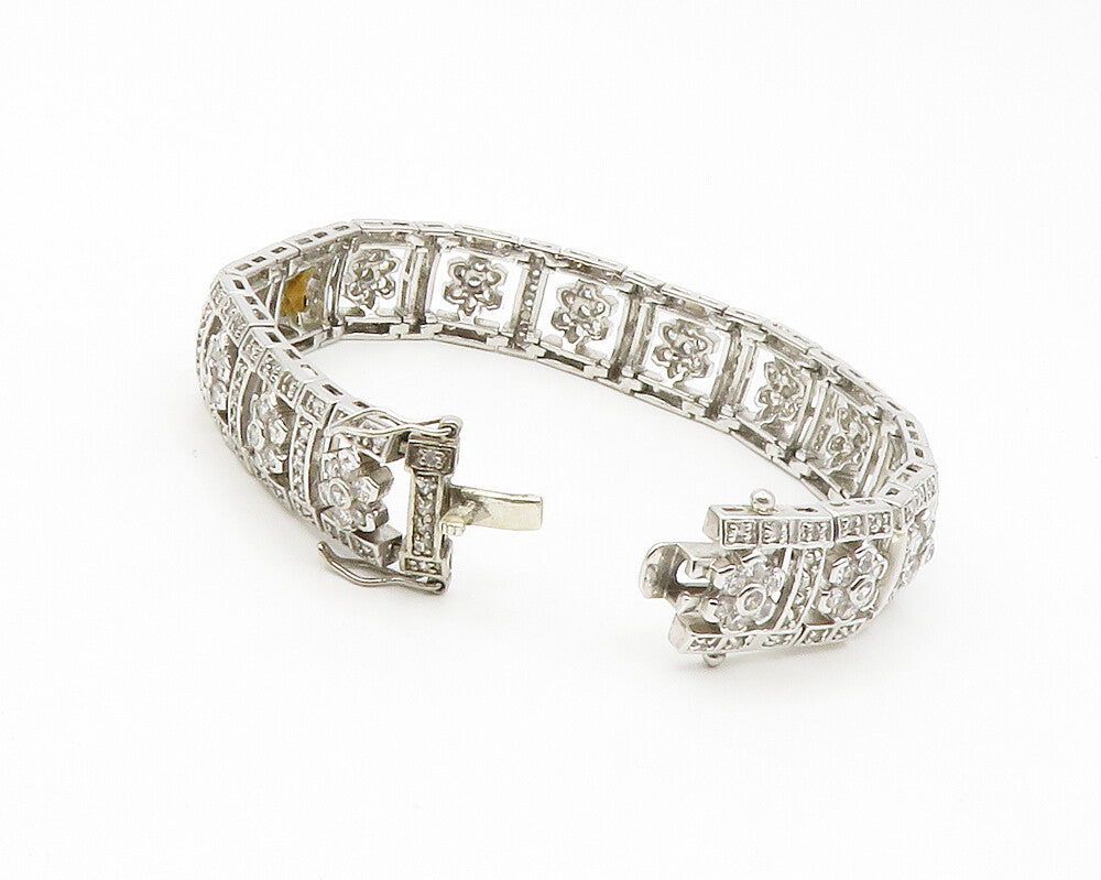 925 Sterling Silver  Shiny Cubic Zirconia Floral Link Chain Bracelet  BT5239
