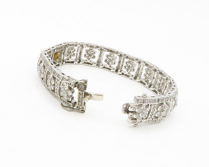 925 Sterling Silver  Shiny Cubic Zirconia Floral Link Chain Bracelet  BT5239
