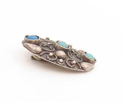 925 Sterling Silver Vintage Earrings Round Turquoise Scrollwork Clip On  EG14018