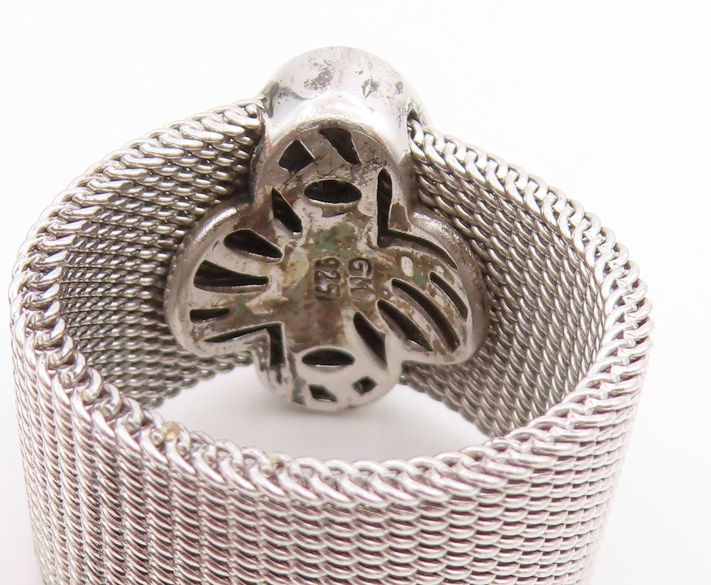 925 Sterling Silver Vintage Ring Cluster CZ Lucky Clover Mesh Band Sz 8 RG33857