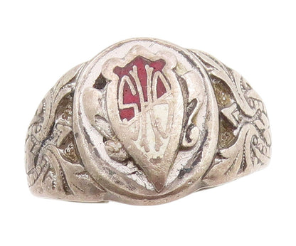 925 Sterling Silver Vintage Ring Antique Enameled Emblem Band  Sz 9.5  RG34055