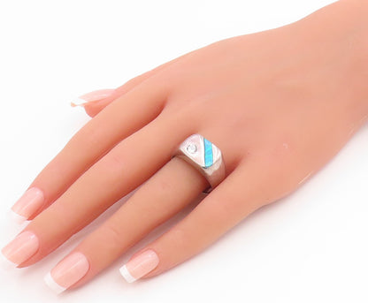925 Sterling Silver Vintage Ring Fire Opal & CZ Geometric Band  Sz 10.5  RG35575