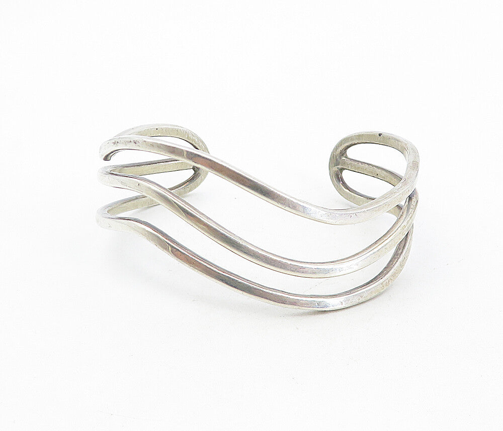 MEXICO 925 Sterling Silver  Vintage Shiny Wavy Split Cuff Bracelet  BT3851