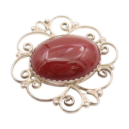 925 Sterling Silver Vintage Brooch POLAND Cabochon Carnelian Scrollwork  BP12135