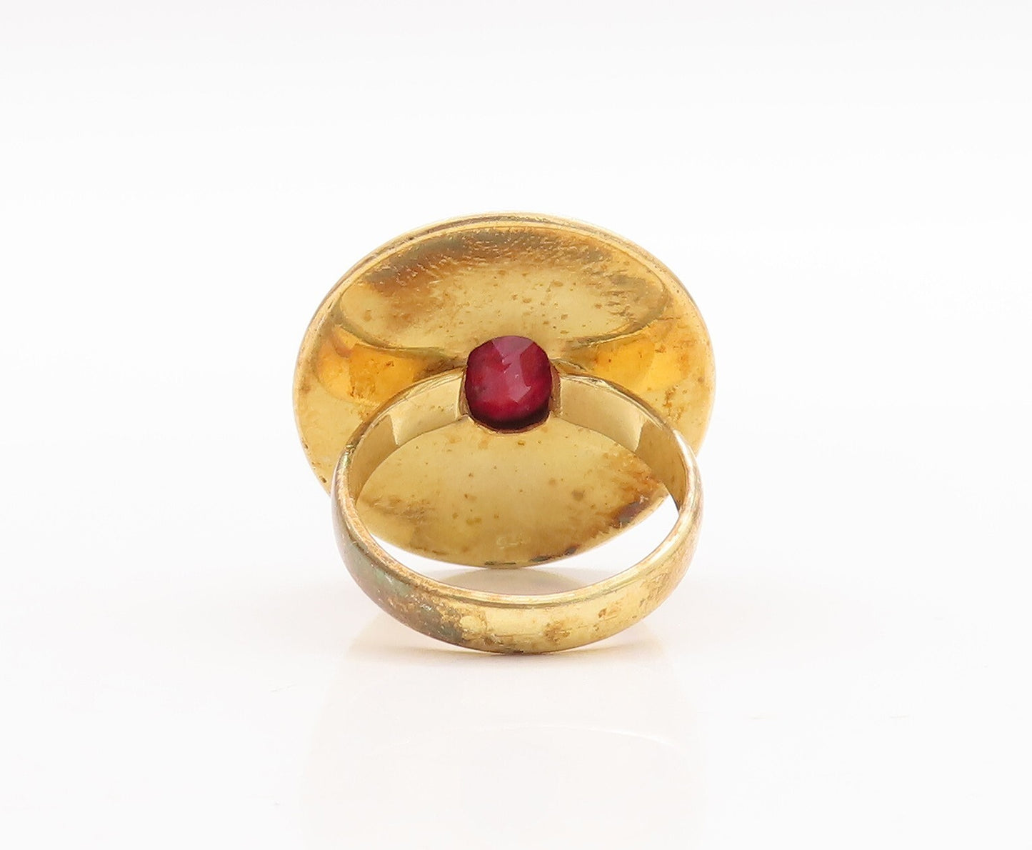 925 Sterling Silver Vintage Ring Gold Plated Carved Red Gemstone  Sz 8  RG29443