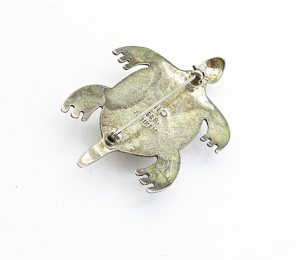 MEXICO 925 Sterling Silver  Vintage Jasper Sea Turtle Motif Brooch Pin  BP1567