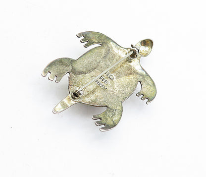 MEXICO 925 Sterling Silver  Vintage Jasper Sea Turtle Motif Brooch Pin  BP1567