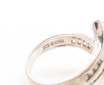 925 Sterling Silver Vintage Ring Modernist CZ Inlay Floral Design  Sz 6  RG31882