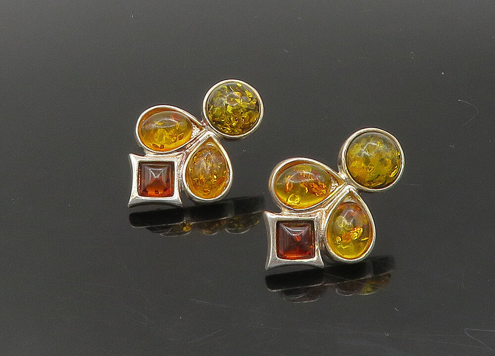 925 Sterling Silver   Vintage Cabochon Cut Amber Drop Earrings  EG11287