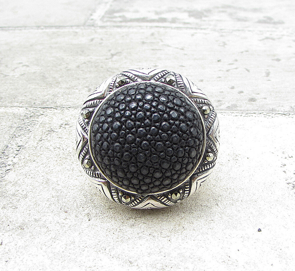 925 Sterling Silver Marcasite Crocodile Skin Leather Dome Star Ring Sz 8  RG1558