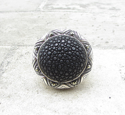 925 Sterling Silver Marcasite Crocodile Skin Leather Dome Star Ring Sz 8  RG1558