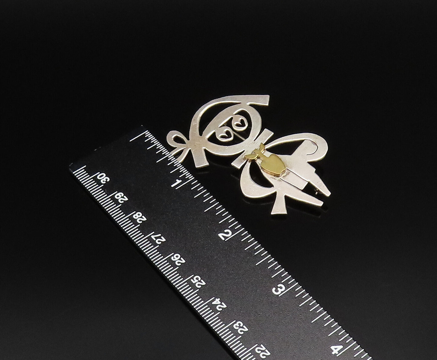 925 Silver  Vintage Two Tone Modernist Student With Apple Brooch Pin  BP9840