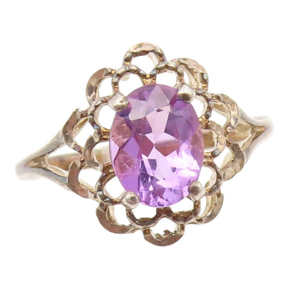 925 Sterling Silver Vintage Ring Oval Cut Amethyst Floral Cutout  Sz 8  RG35084