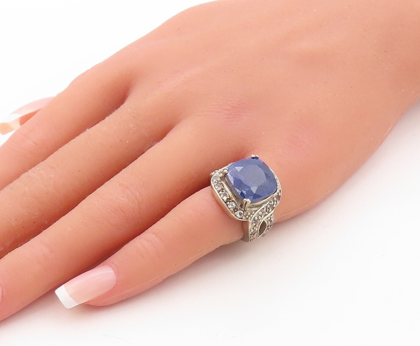 925 Sterling Silver Vintage Ring Square Cut Sapphire & Topaz Inlay Sz 5  RG30671