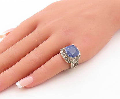 925 Sterling Silver Vintage Ring Square Cut Sapphire & Topaz Inlay Sz 5  RG30671
