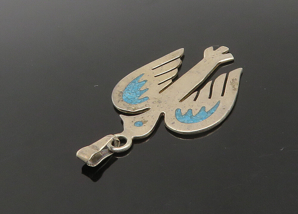 MEXICO 925 Sterling Silver Vintage Inlaid Turquoise Bird Motif Pendant PT18571