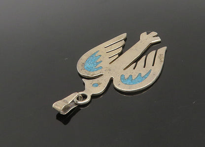 MEXICO 925 Sterling Silver Vintage Inlaid Turquoise Bird Motif Pendant PT18571