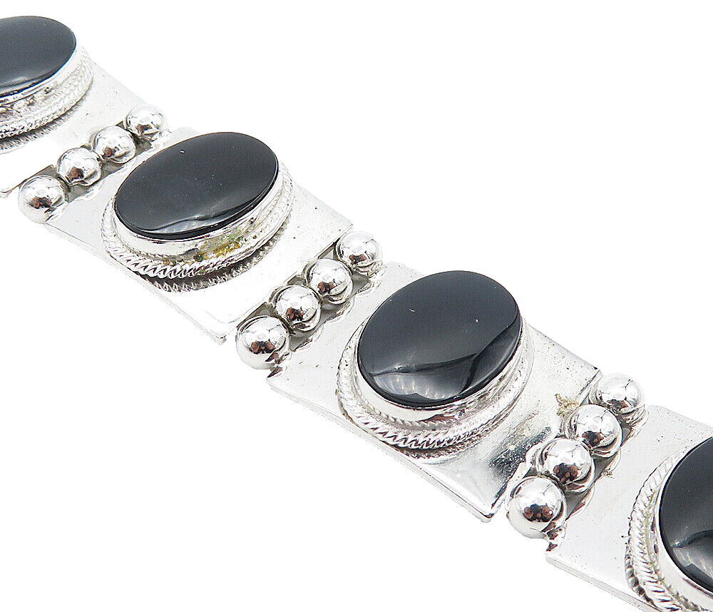 925 Sterling Silver Black Onyx Panel Hinge Link Shiny Chain Bracelet  BT3509