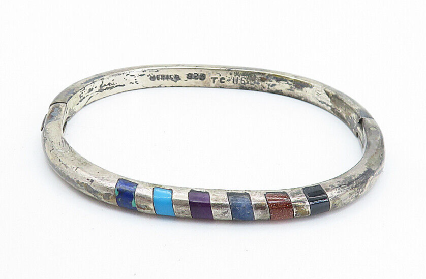 MEXICO 925 Silver Vintage Multi Gemstone Striped Oval Bangle Bracelet BT2981