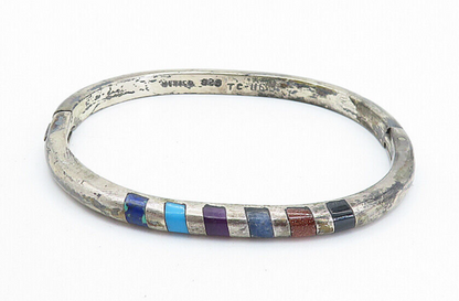 MEXICO 925 Silver Vintage Multi Gemstone Striped Oval Bangle Bracelet BT2981