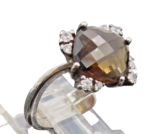 925 Sterling Silver  Vintage Smokey Quartz CZ Beaded Corner Ring Sz 8  RG27415
