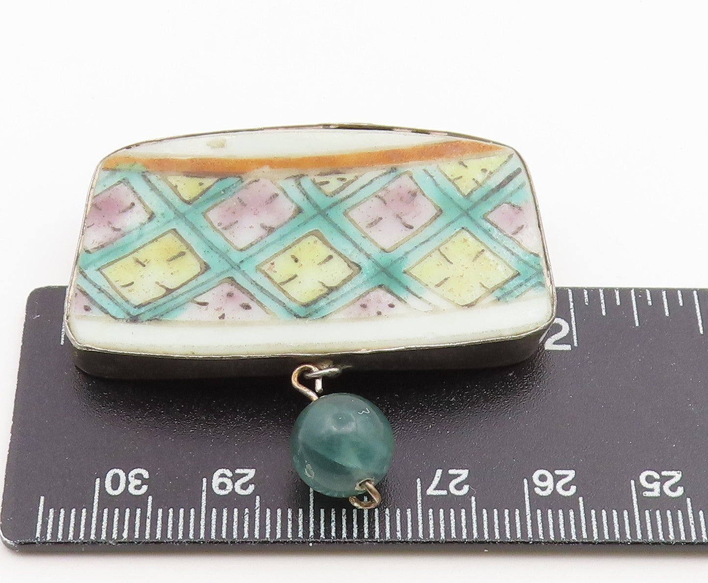 925 Sterling Silver Vintage Brooch Pin Antique Jade Porcelain Lattice  BP12651