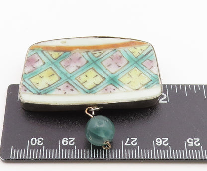 925 Sterling Silver Vintage Brooch Pin Antique Jade Porcelain Lattice  BP12651
