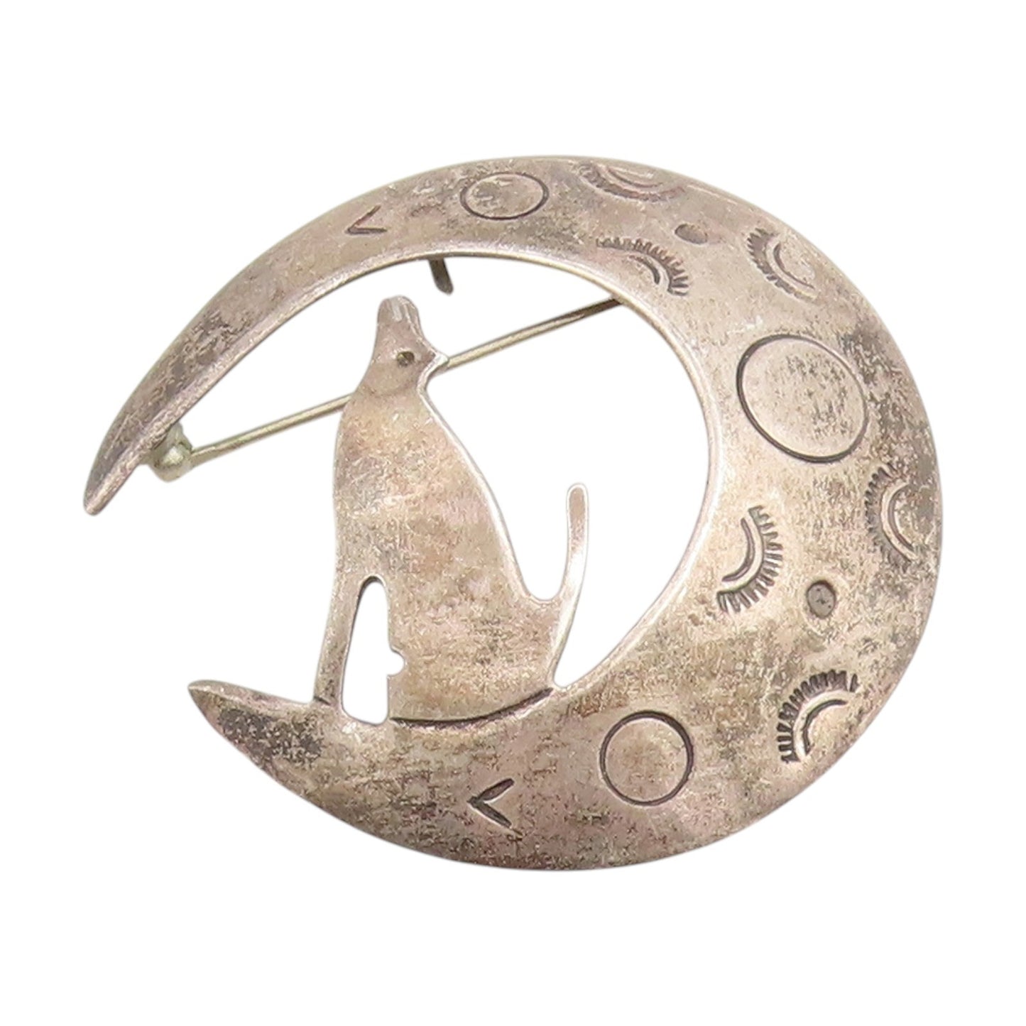 925 Sterling Silver Vintage Brooch MEXICO Etched Moon & Howling Wolf Pin BP11966