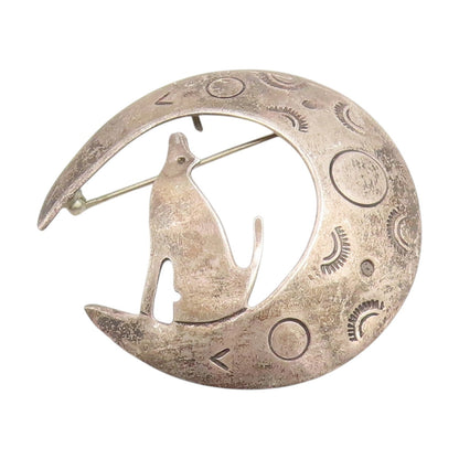 925 Sterling Silver Vintage Brooch MEXICO Etched Moon & Howling Wolf Pin BP11966