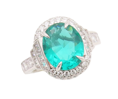 925 Sterling Silver Vintage Ring Round Sea Green Halo White CZ  Sz 7.5  RG29898