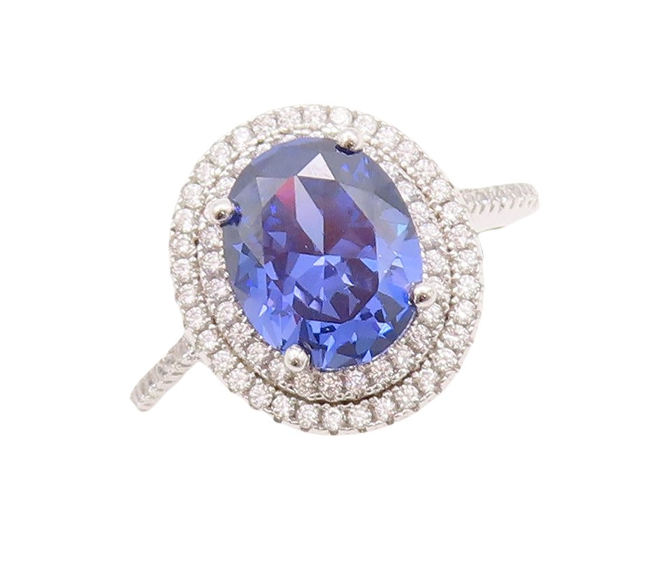 925 Sterling Silver Vintage Ring Oval Cut Blue Halo White CZ Band  Sz 7  RG29549