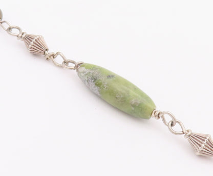 925 Sterling Silver Vintage Necklace Cylindrical Carved Green Marbles  NE4256