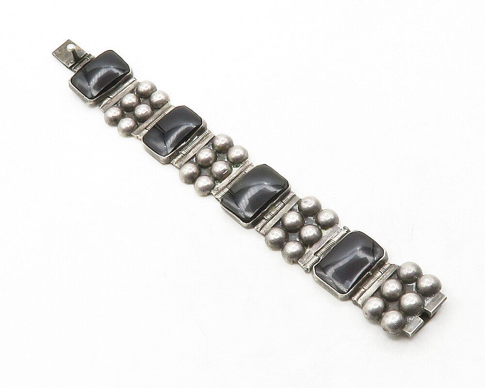 MEXICO 925 Silver  Vintage Black Onyx Dark Tone Bubble Chain Bracelet  BT4998