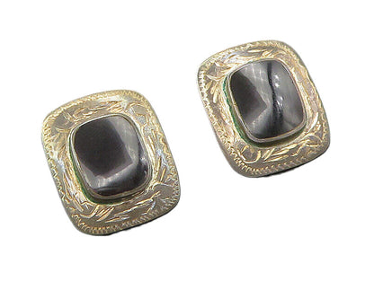 925 Sterling Silver  Vintage Black Onyx Etched Border Drop Earrings  EG9186