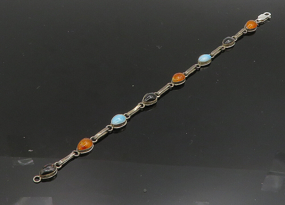 925 Sterling Silver  Vintage Larimar Black Onyx & Amber Chain Bracelet  BT8040