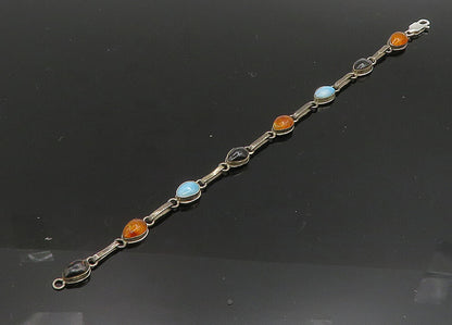 925 Sterling Silver  Vintage Larimar Black Onyx & Amber Chain Bracelet  BT8040