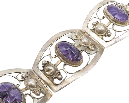 MEXICO 925 Silver  Vintage Antique Face Carved Amethyst Chain Bracelet  BT7302