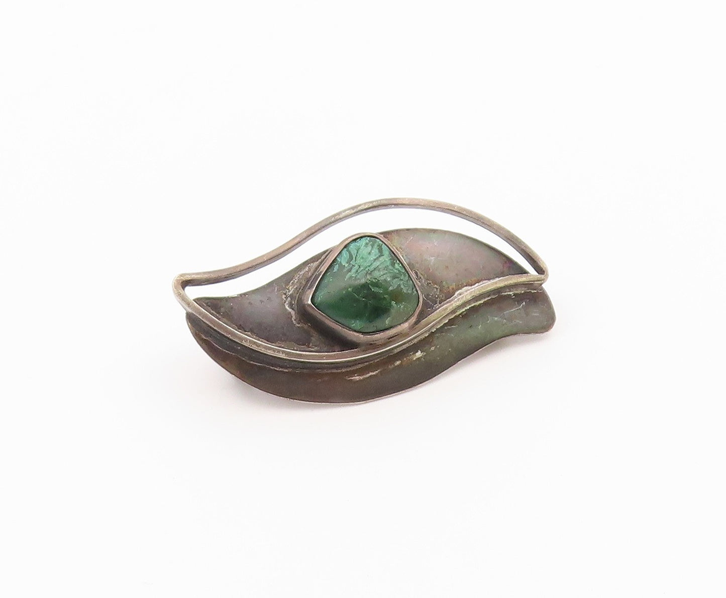 ISRAEL 925 Silver  Vintage Double Leaf Outline Jasper Brooch Pin  BP9526