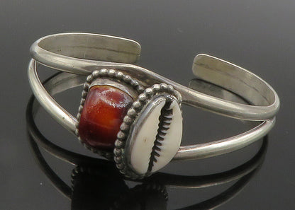 925 Sterling Silver  Vintage Red Stone & Cowrie Split Cuff Bracelet  BT5687