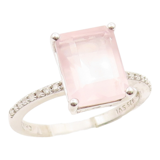 925 Sterling Silver Vintage Ring Real Diamonds & Rose Quartz Band  Sz 7  RG36061