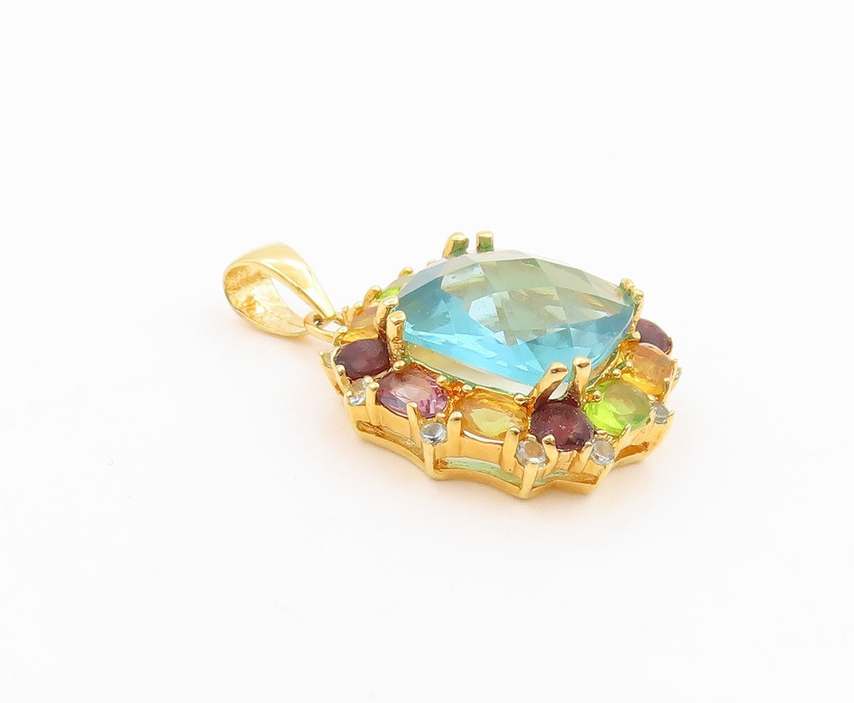 925 Sterling Silver Vintage Pendant Gold Plated Multi Gemstone Charm  PT26213