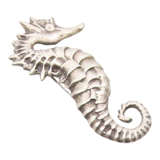 925 Sterling Silver Vintage Brooch Pin Classic Carved Figural Seahorse  BP12474