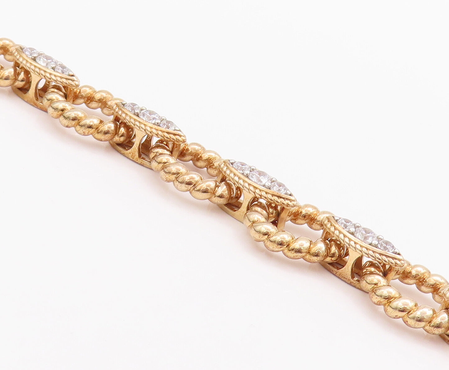 925 Sterling Silver Vintage Bracelet Gold Plated Rope Rings Carved CZ  BT10504