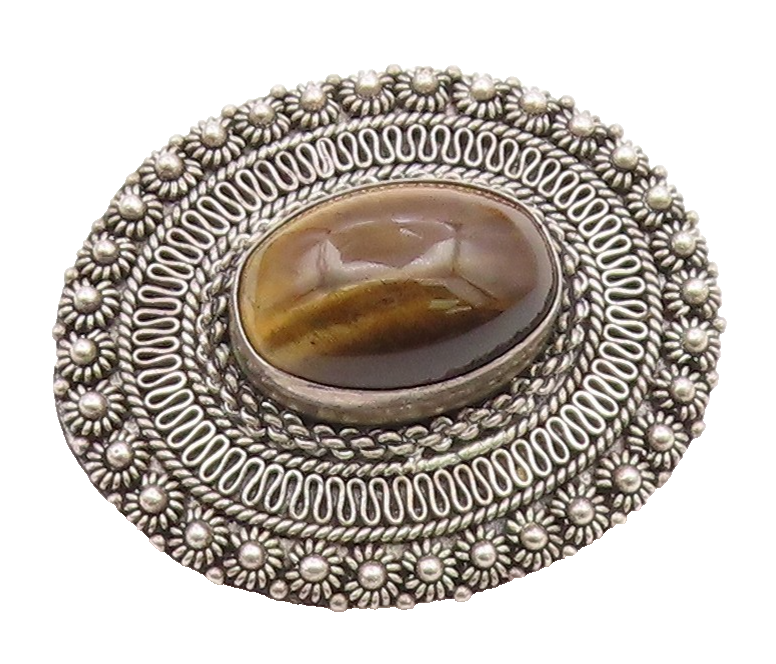 ISRAEL 925 Sterling Silver  Vintage Cabochon Tiger's Eye Brooch Pin  BP7901