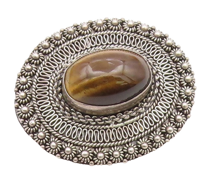ISRAEL 925 Sterling Silver  Vintage Cabochon Tiger's Eye Brooch Pin  BP7901