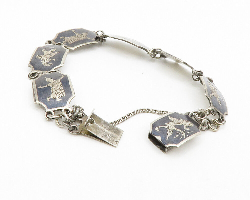 SIAM 925 Sterling Silver  Vintage Enamel Niello Dancer Chain Bracelet  BT4992