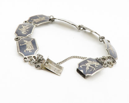 SIAM 925 Sterling Silver  Vintage Enamel Niello Dancer Chain Bracelet  BT4992