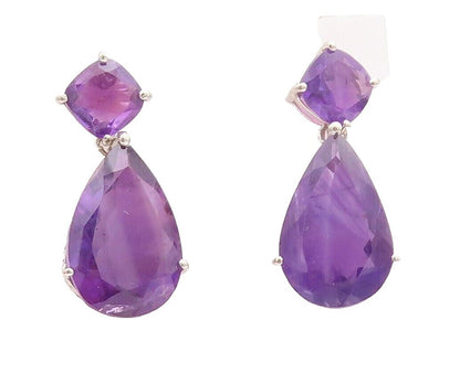 925 Sterling Silver Vintage Earrings Square & Drop Cut Dangling Amethyst EG13156