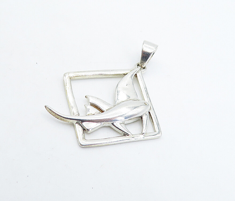 925 Sterling Silver  Vintage Shiny Fish Motif Open Square Drop Pendant  PT4911