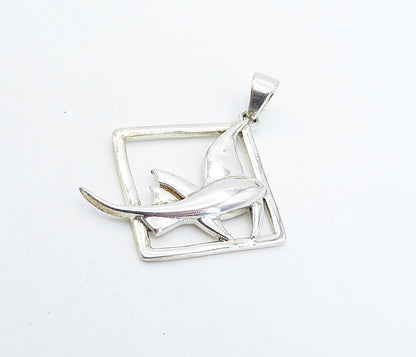 925 Sterling Silver  Vintage Shiny Fish Motif Open Square Drop Pendant  PT4911